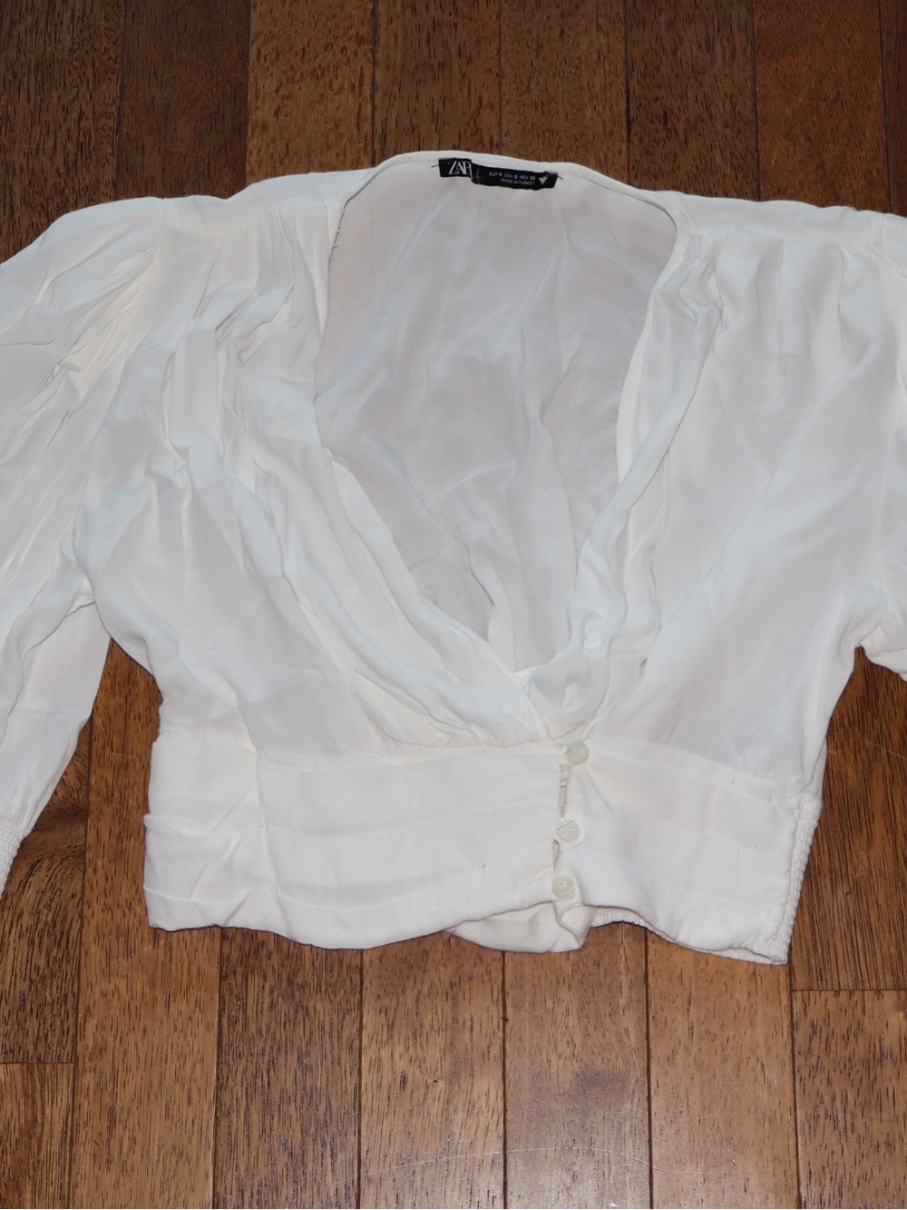 Zara White V-Neck Gathered Crop Blouse